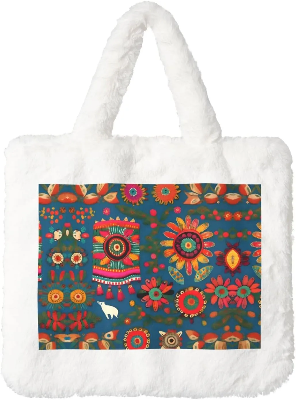 Mexican Folk Art Boho Printing Fluffy Shoulder Bag Ladies Plush Underarm Bag Tote Bag Furry Purse Handbag For Work Travel