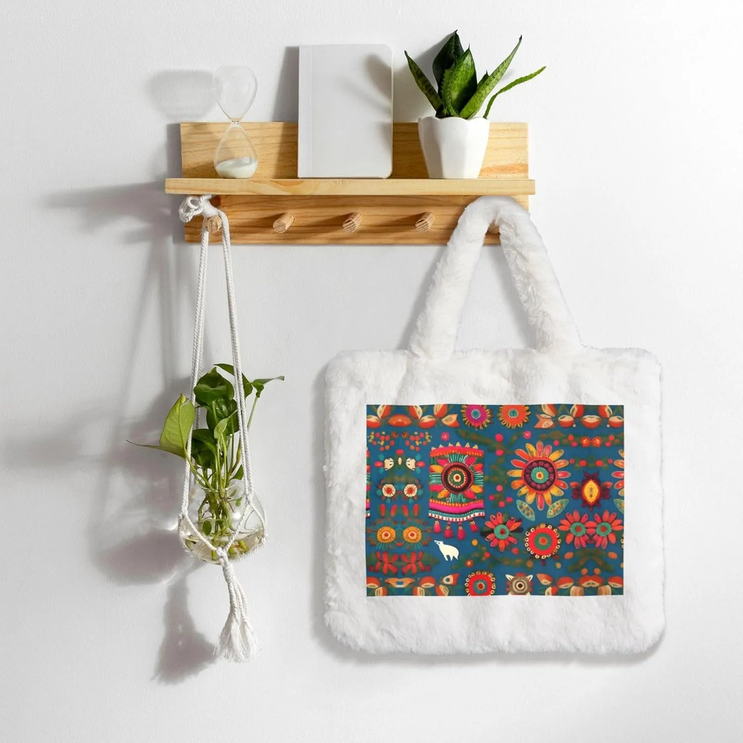Mexican Folk Art Boho Printing Fluffy Shoulder Bag Ladies Plush Underarm Bag Tote Bag Furry Purse Handbag For Work Travel