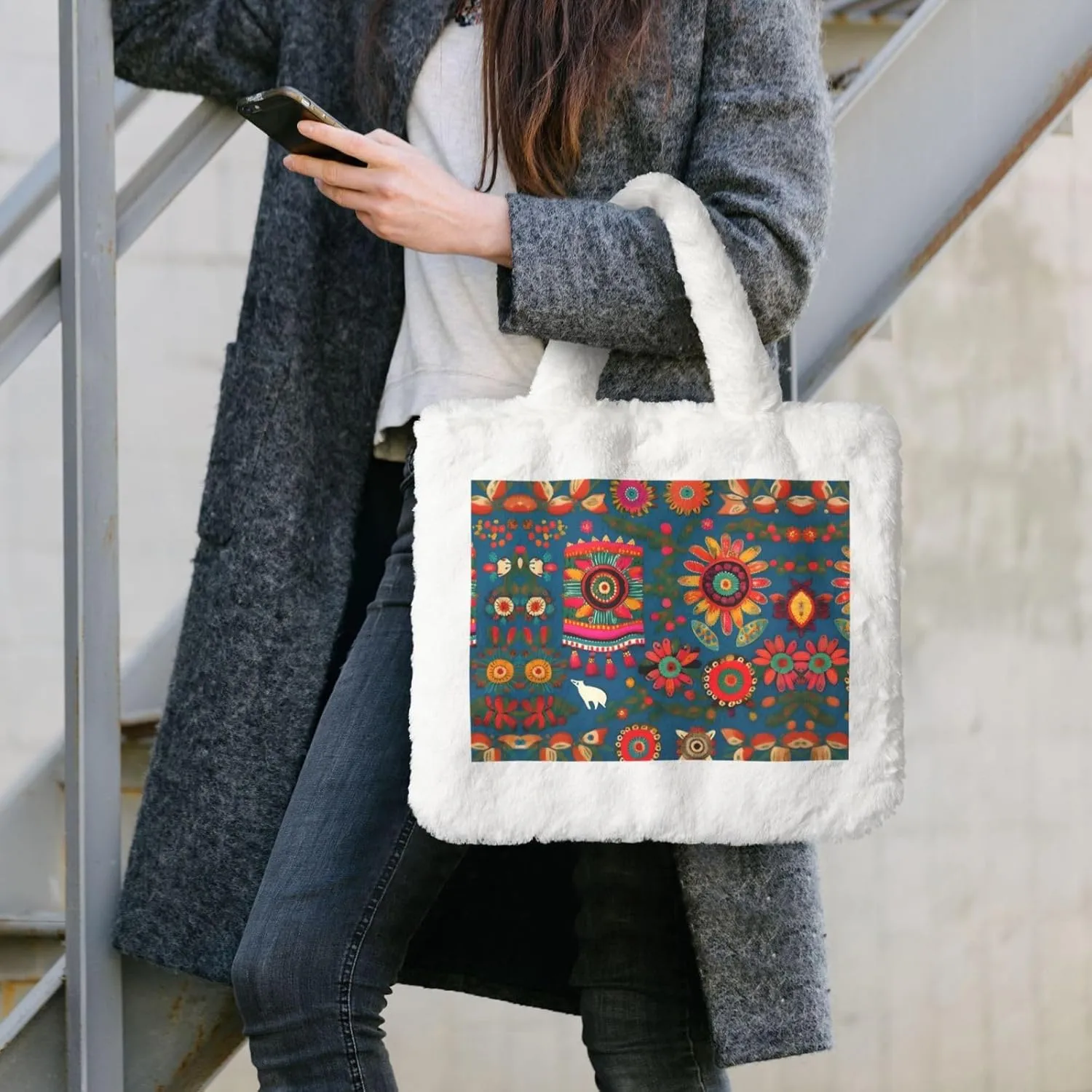 Mexican Folk Art Boho Printing Fluffy Shoulder Bag Ladies Plush Underarm Bag Tote Bag Furry Purse Handbag For Work Travel