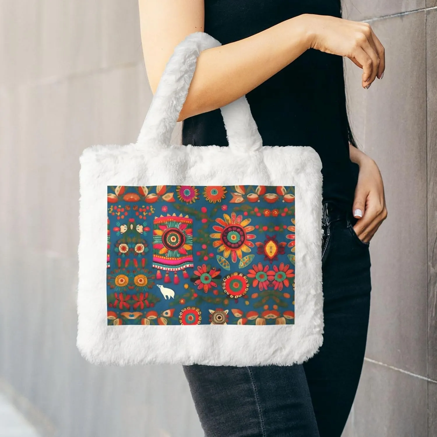 Mexican Folk Art Boho Printing Fluffy Shoulder Bag Ladies Plush Underarm Bag Tote Bag Furry Purse Handbag For Work Travel