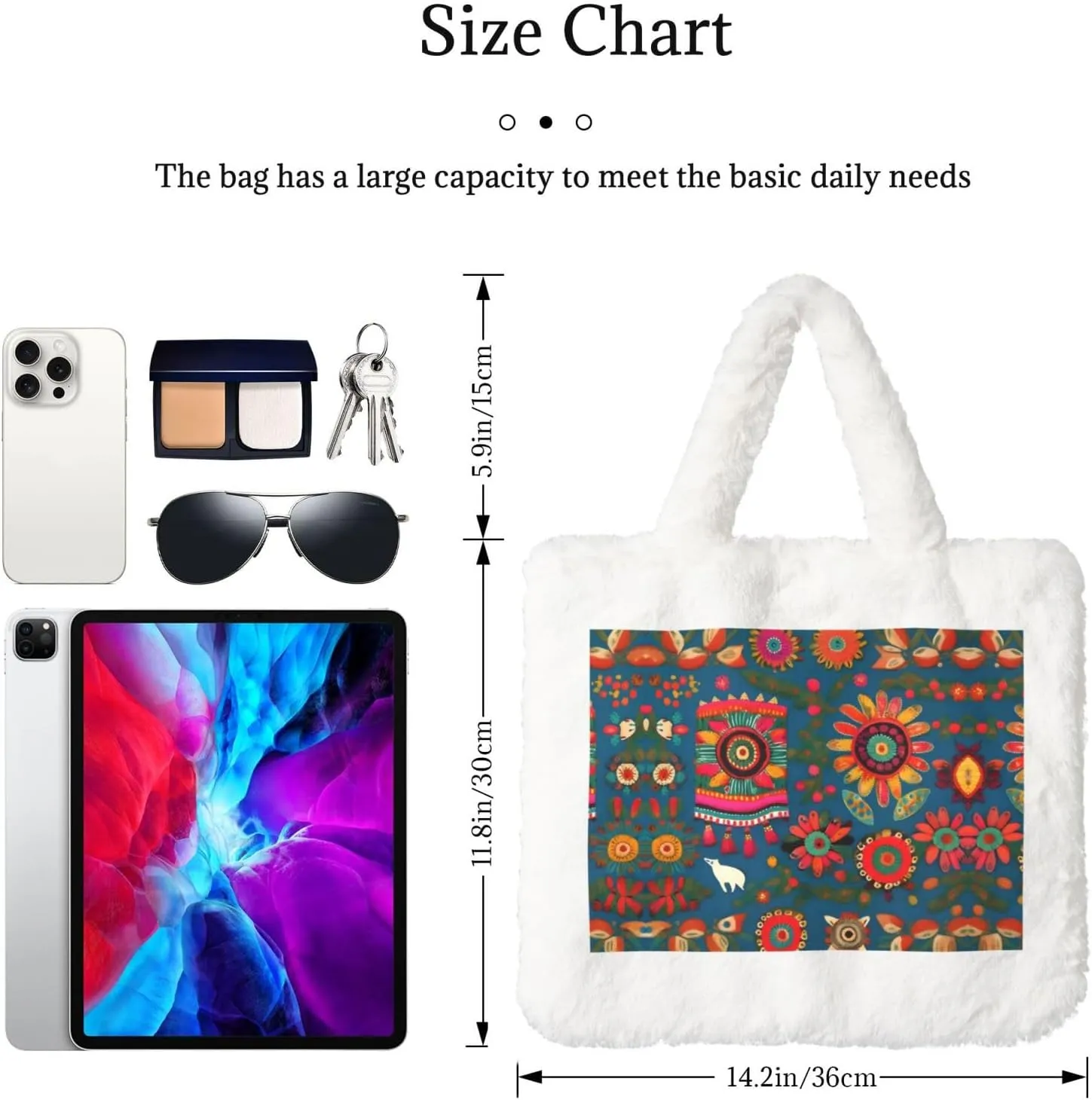 Mexican Folk Art Boho Printing Fluffy Shoulder Bag Ladies Plush Underarm Bag Tote Bag Furry Purse Handbag For Work Travel