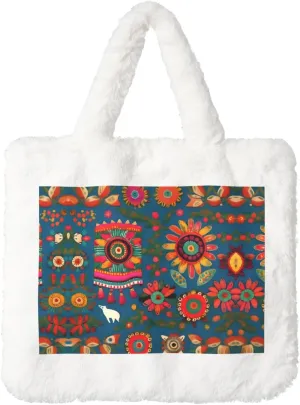 Mexican Folk Art Boho Printing Fluffy Shoulder Bag Ladies Plush Underarm Bag Tote Bag Furry Purse Handbag For Work Travel