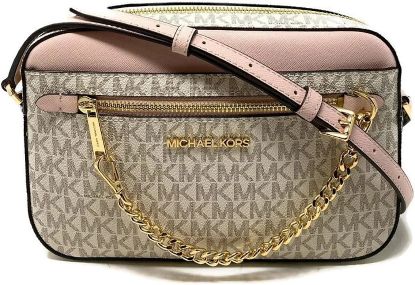 Michael Kors Jet Set Saffiano Leather Crossbody Bag (Vanilla Sig Powder Blush)