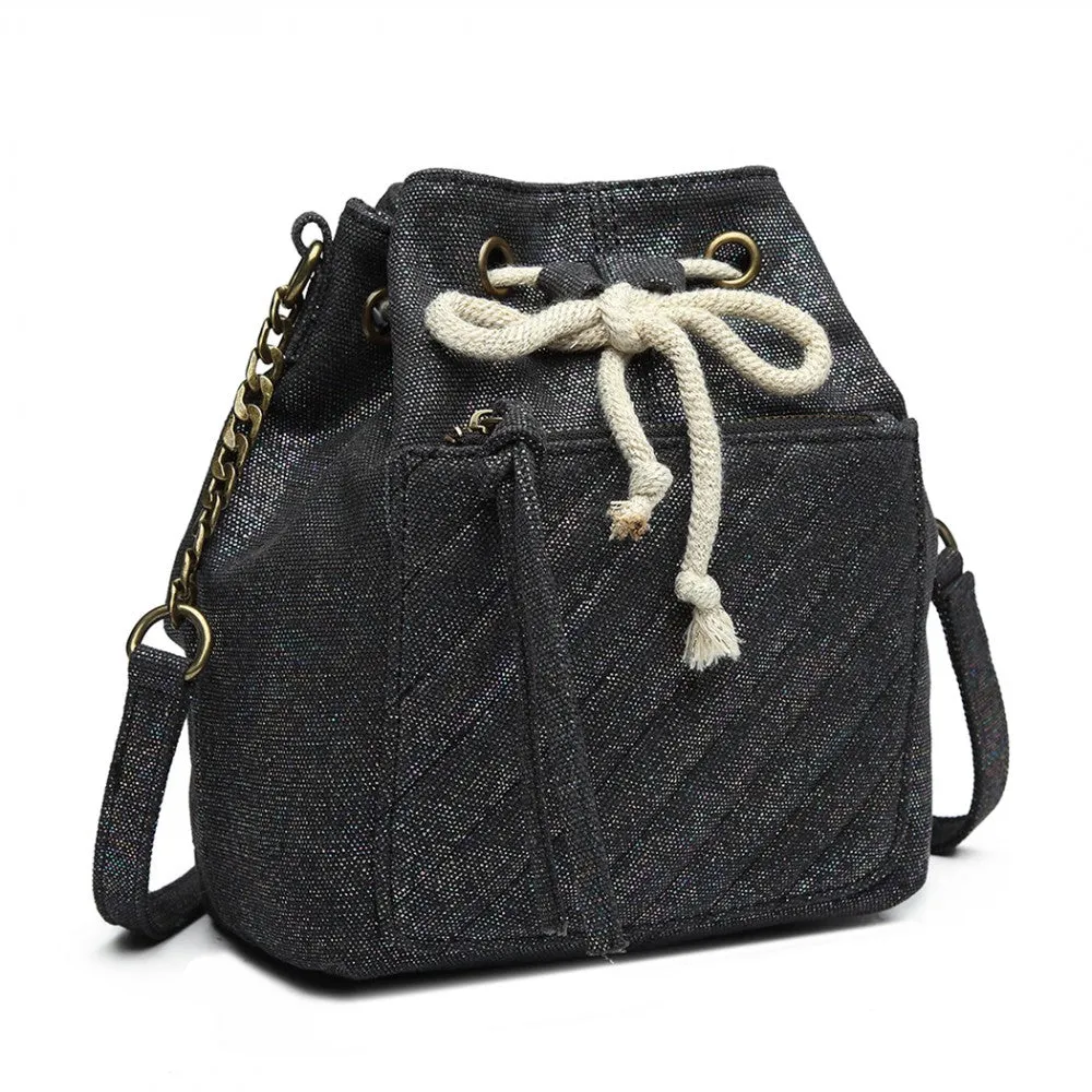Miss Lulu Sparkle Canvas Drawstring Cross Body Bag - Black