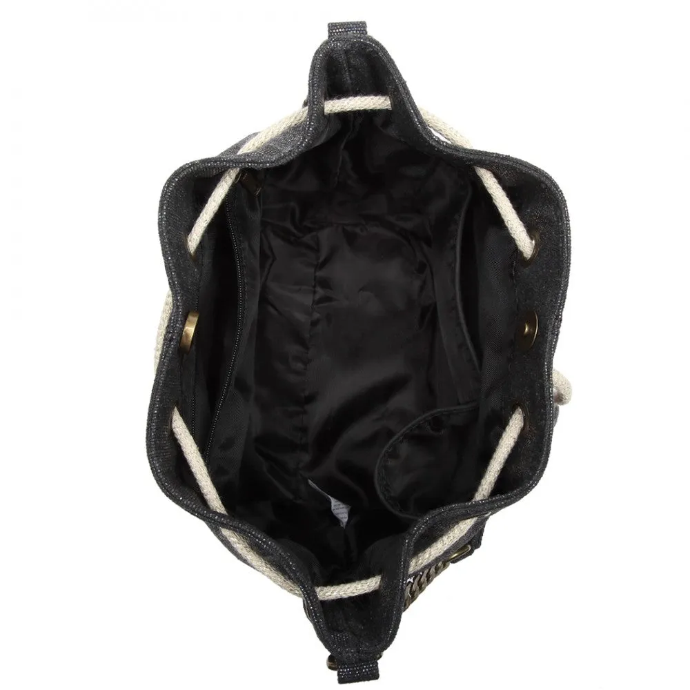 Miss Lulu Sparkle Canvas Drawstring Cross Body Bag - Black