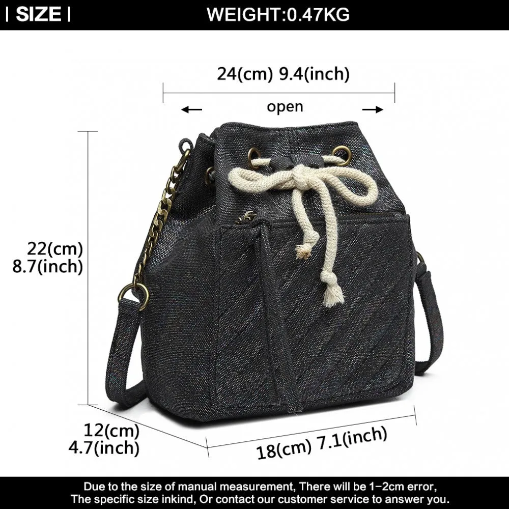 Miss Lulu Sparkle Canvas Drawstring Cross Body Bag - Black