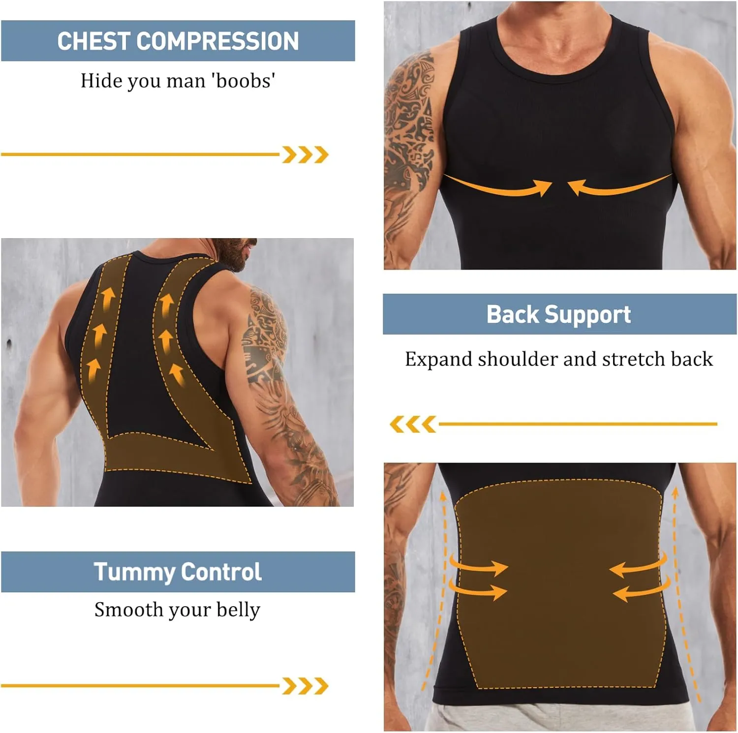MISS MOLY Mens Body Shaper Gynecomastia Compression Shirt Tummy Control Tank Top Shapewear Undershirt Slimming Vest