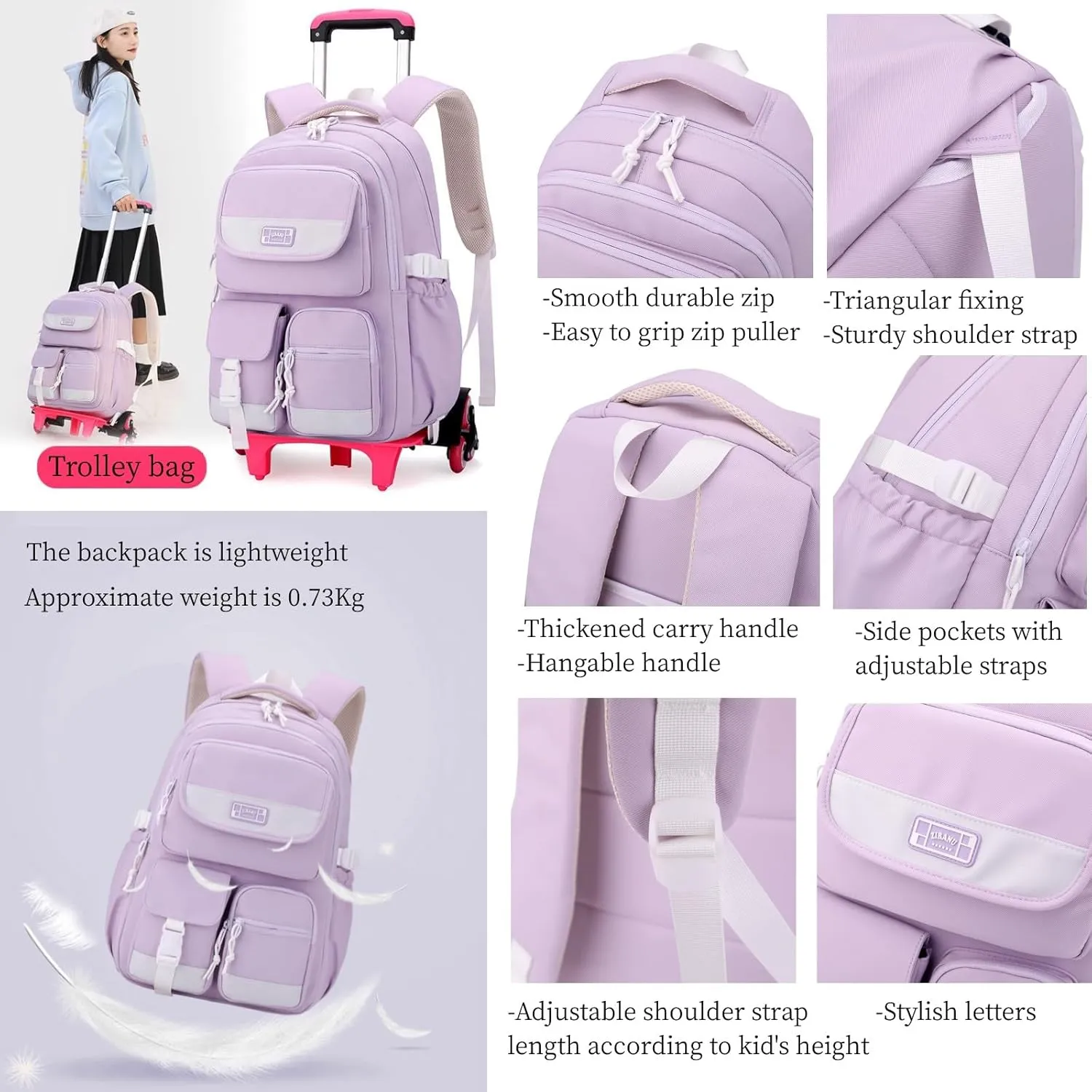 MITOWERMI Rolling Backpack for Girls Boys Backpack with Wheels, Kids Roller Trolley Bags Wheeled School Bookbag Red-6 wheels