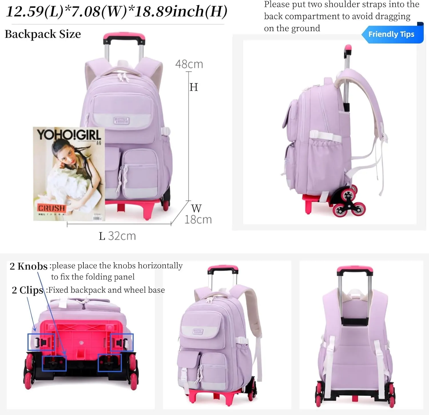 MITOWERMI Rolling Backpack for Girls Boys Backpack with Wheels, Kids Roller Trolley Bags Wheeled School Bookbag Red-6 wheels