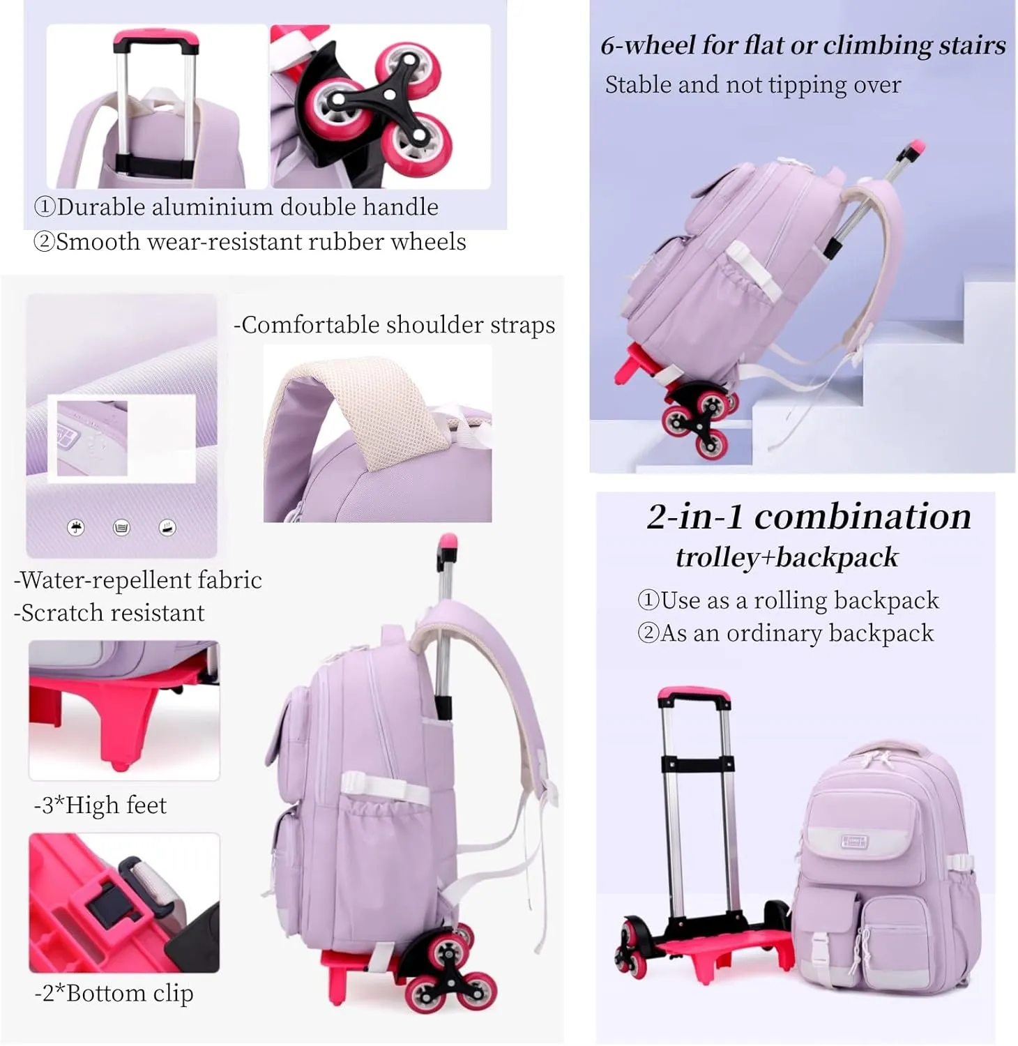 MITOWERMI Rolling Backpack for Girls Boys Backpack with Wheels, Kids Roller Trolley Bags Wheeled School Bookbag Red-6 wheels