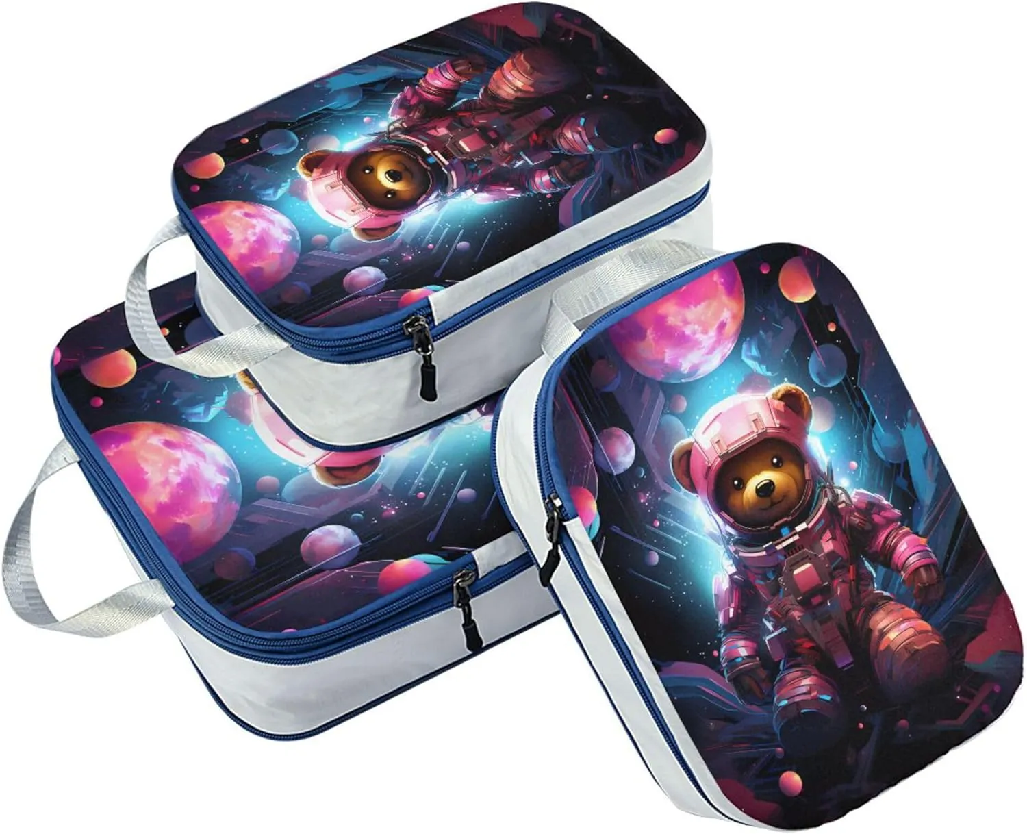 MNSRUU Compression Packing Cubes for Suitcases 3 Set, Animal Bears Planet Travel Luggage Organiser Portable Toiletry Storage Bags for Clothes Shoes Home Storage