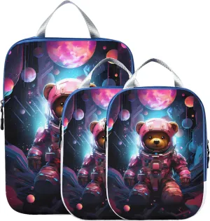 MNSRUU Compression Packing Cubes for Suitcases 3 Set, Animal Bears Planet Travel Luggage Organiser Portable Toiletry Storage Bags for Clothes Shoes Home Storage