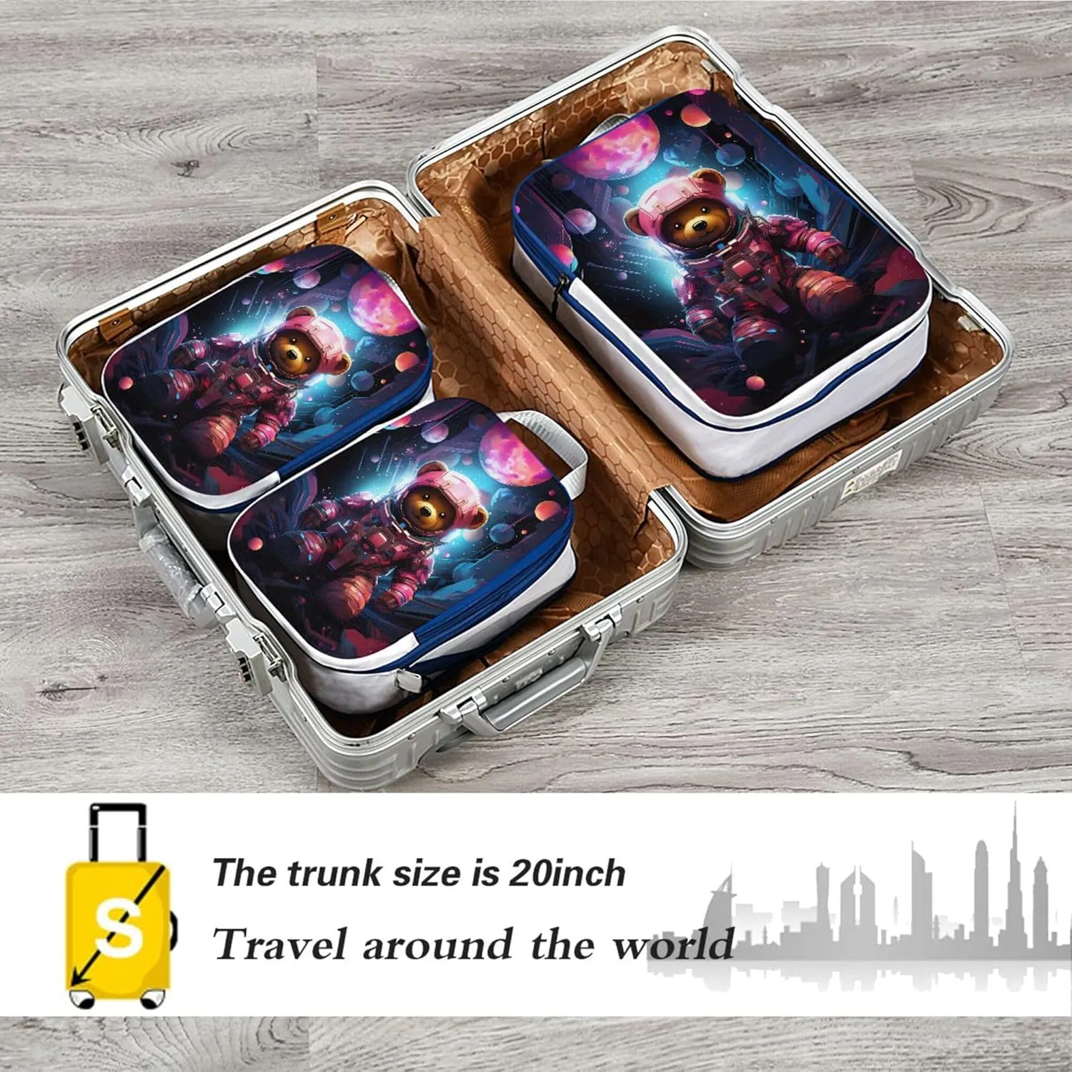 MNSRUU Compression Packing Cubes for Suitcases 3 Set, Animal Bears Planet Travel Luggage Organiser Portable Toiletry Storage Bags for Clothes Shoes Home Storage