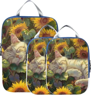 MNSRUU Packing Cubes Magic Cat Playing Sunflowers Compression Luggage Cubes Packing Bags Travel Organizer for Suitcases, 3 PCS