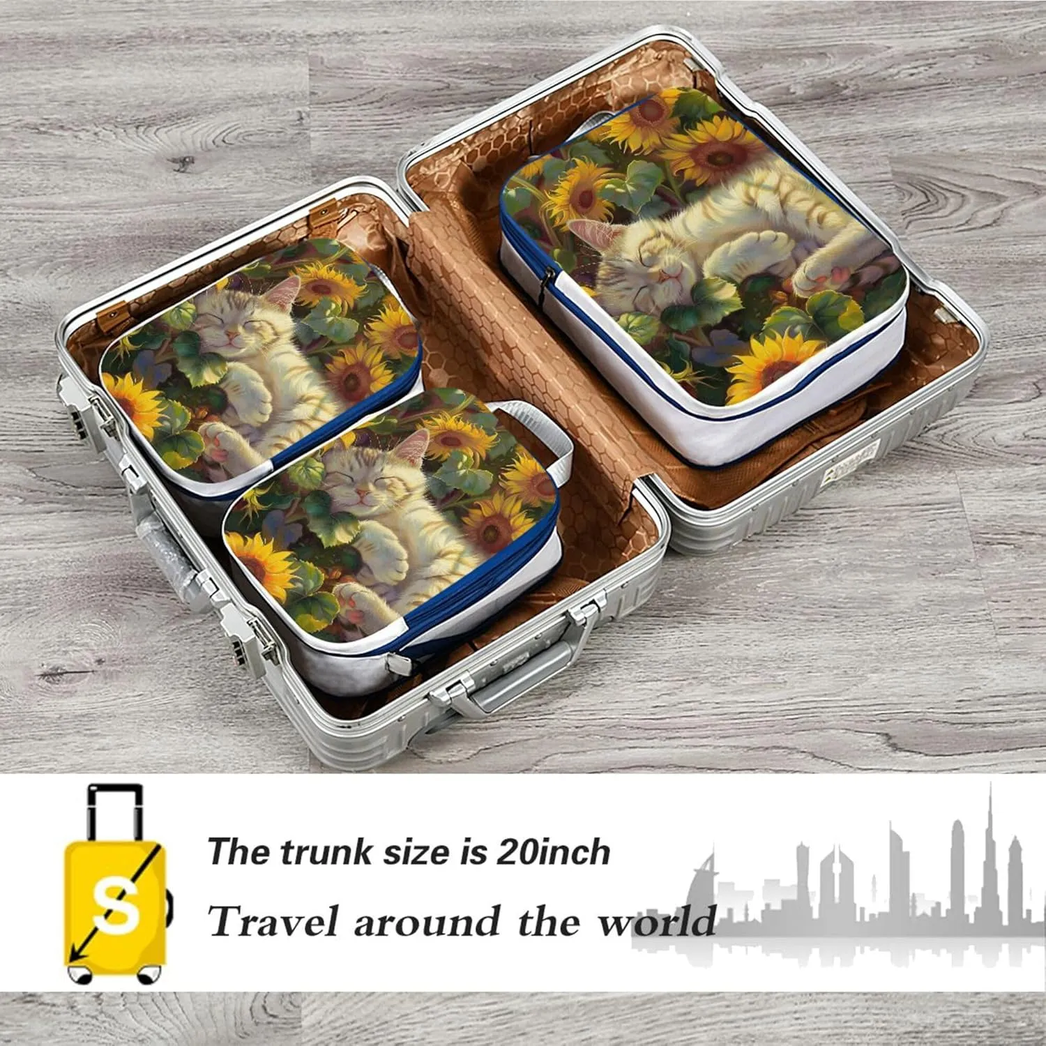 MNSRUU Packing Cubes Magic Cat Playing Sunflowers Compression Luggage Cubes Packing Bags Travel Organizer for Suitcases, 3 PCS