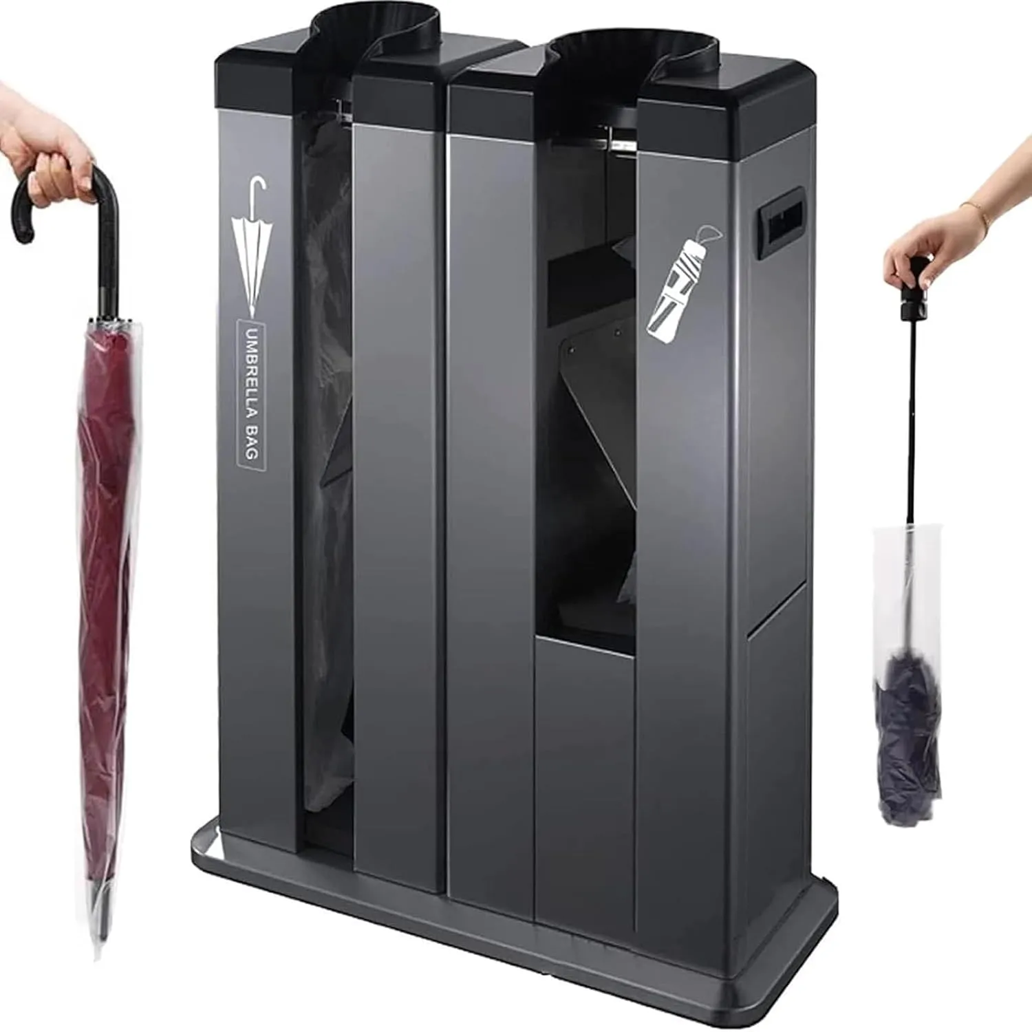 Mobile Auto Umbrella Wrapper,Stainless Steel Dual Slot with 500S and 500L Bags,Wheeled Stand (Black)
