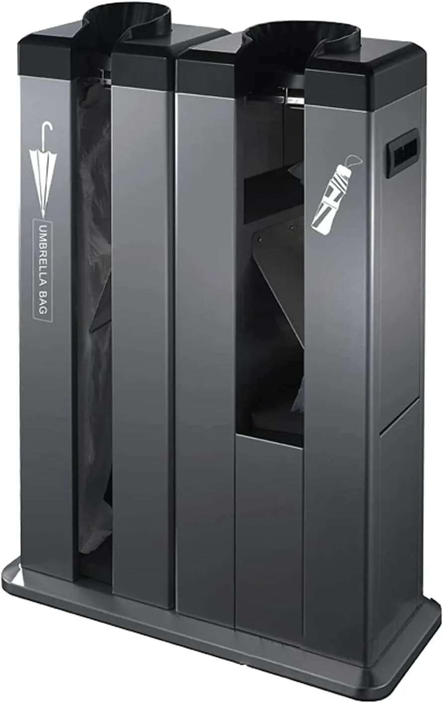Mobile Automatic Umbrella Packer,Stainless Steel Dual Slot with 600S and 600L Bags,Wheeled Dispenser Stand (Black)