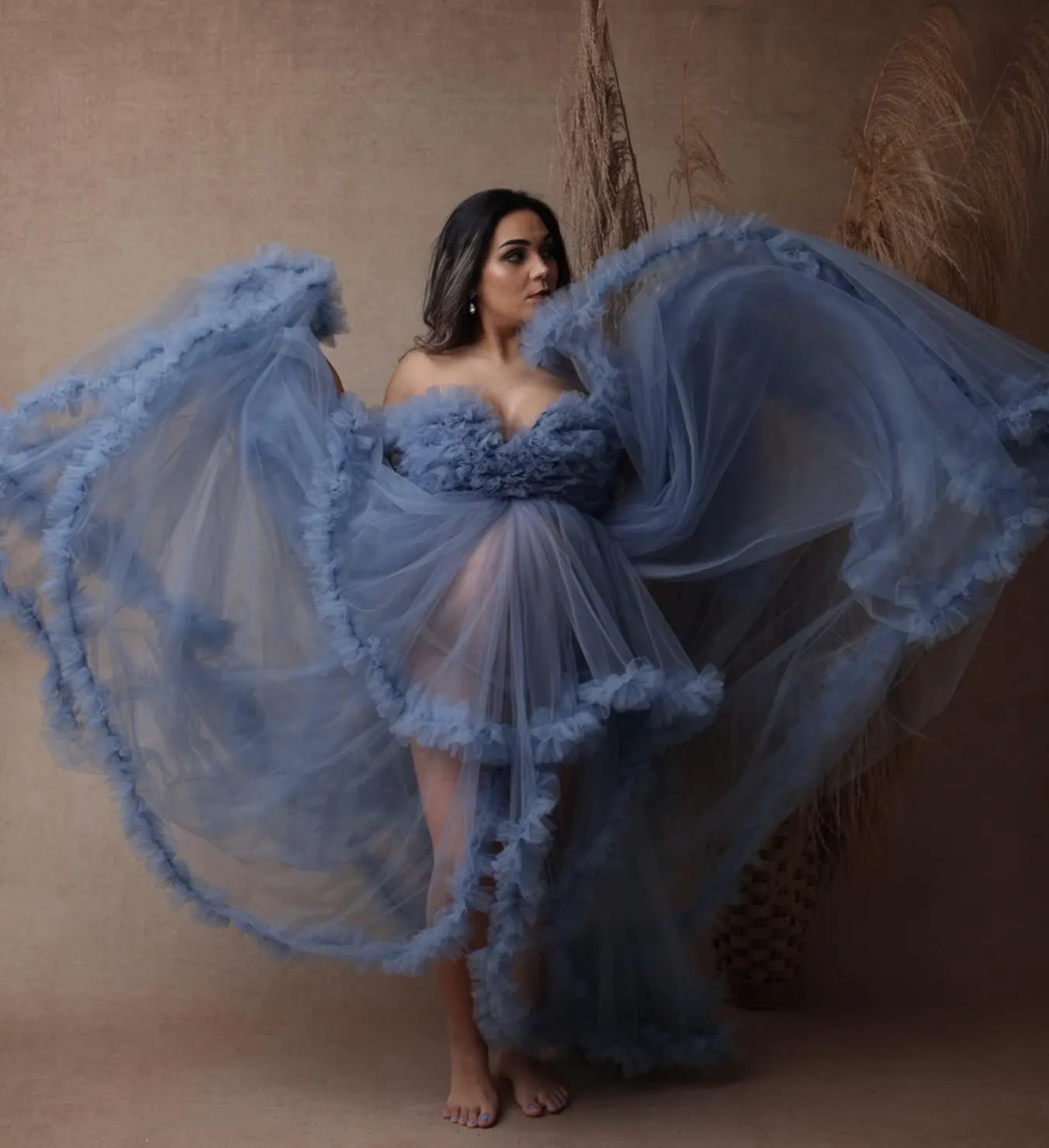 Molisa Tulle Maternity Dress for Photoshoot Puffy Ruffles Bridal Lingerie Bathgown Sheer Baby Shower Pregnancy Gowns