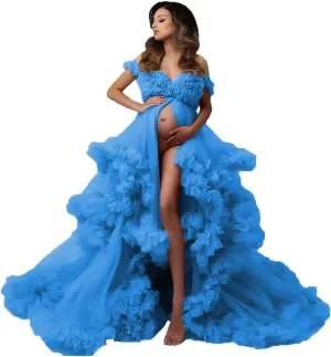 Molisa Tulle Maternity Dress for Photoshoot Puffy Ruffles Bridal Lingerie Bathgown Sheer Baby Shower Pregnancy Gowns