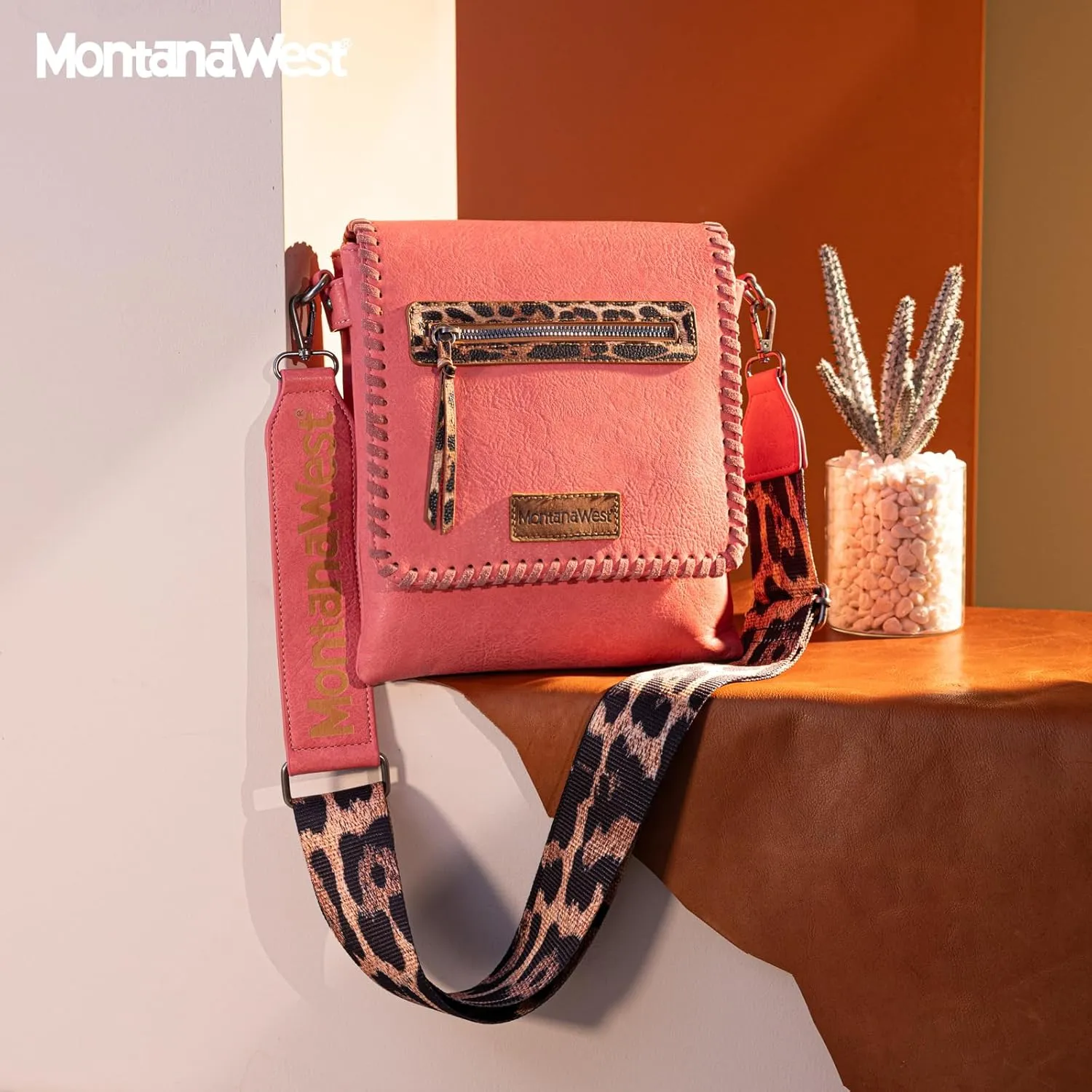 Montana West Crossbody Bags for Women with Dual Compartments Western Cross Body Purse with Leopard Print Guitar Strap