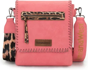 Montana West Crossbody Bags for Women with Dual Compartments Western Cross Body Purse with Leopard Print Guitar Strap