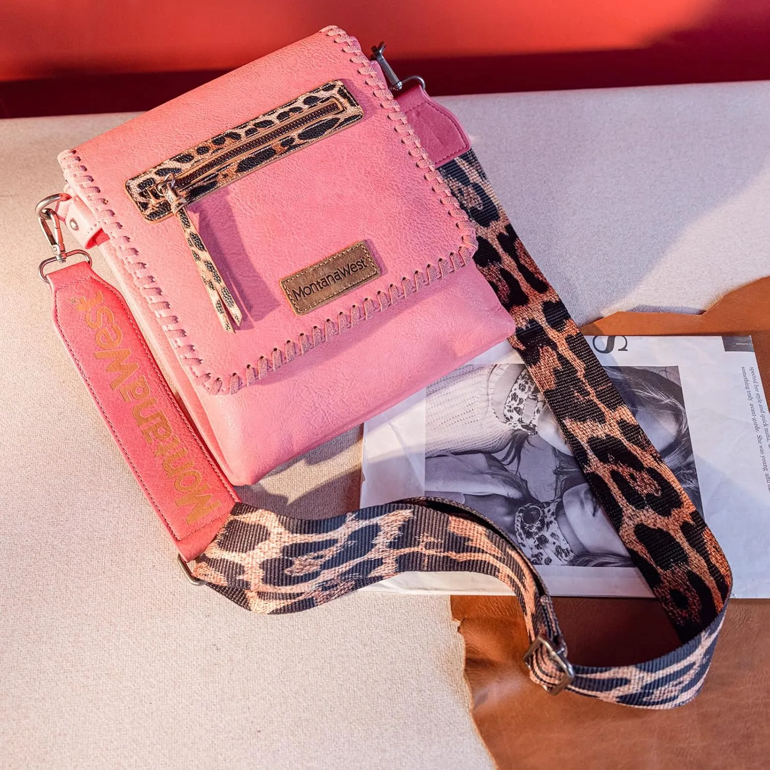 Montana West Crossbody Bags for Women with Dual Compartments Western Cross Body Purse with Leopard Print Guitar Strap