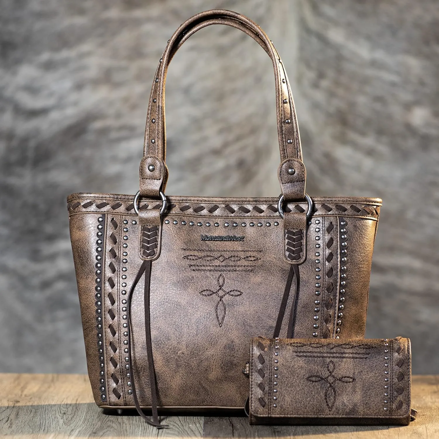 Montana West Spiritual Collection Western Tote Bag for Women Vegan Leather Shoulder Handbag with Wallet