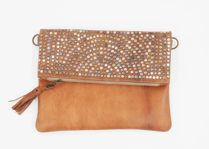 Moroccan Large Leather Clutch Bag - Black/Brown/Mid Brown/Light Brown