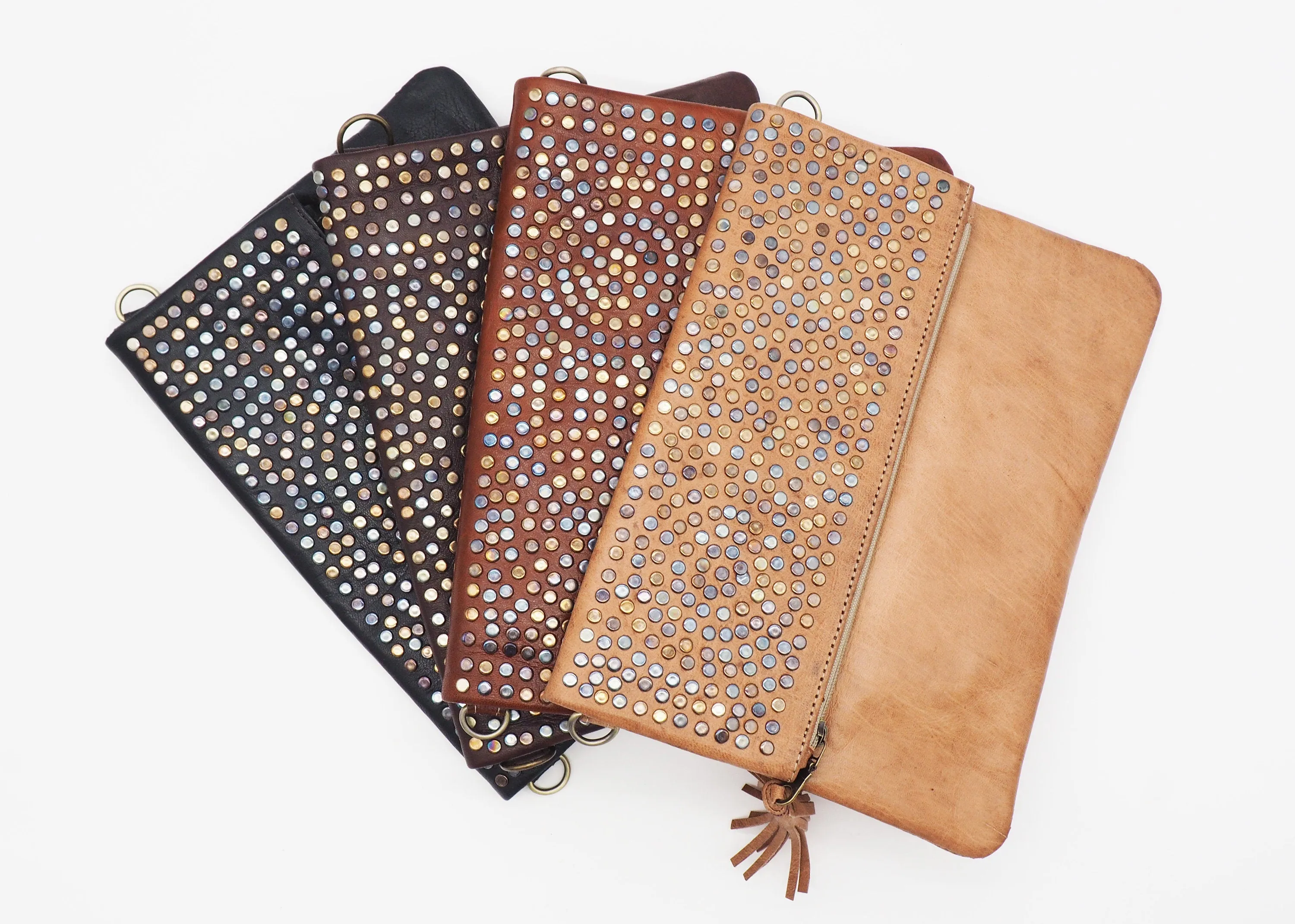 Moroccan Large Leather Clutch Bag - Black/Brown/Mid Brown/Light Brown