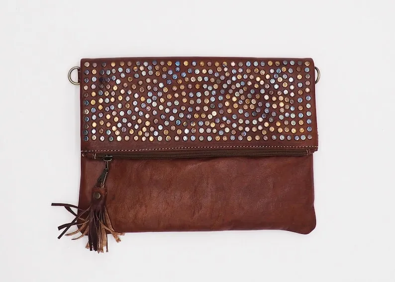 Moroccan Large Leather Clutch Bag - Black/Brown/Mid Brown/Light Brown
