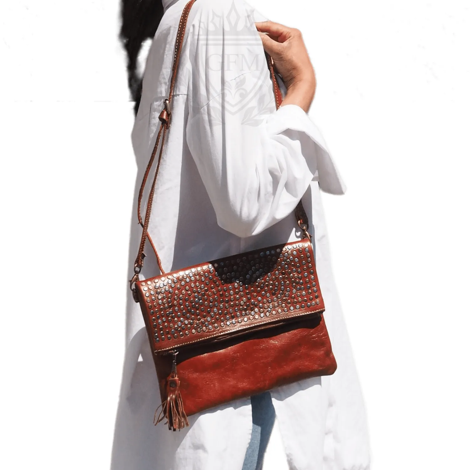 Moroccan Large Leather Clutch Bag - Black/Brown/Mid Brown/Light Brown