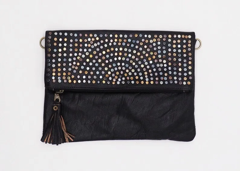 Moroccan Large Leather Clutch Bag - Black/Brown/Mid Brown/Light Brown