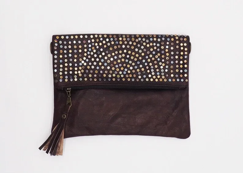 Moroccan Large Leather Clutch Bag - Black/Brown/Mid Brown/Light Brown