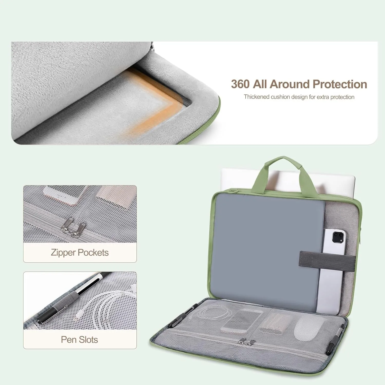 MOSISO 360 Protective Laptop Shoulder Bag, 15-15.6 inch Double Layer Fluffy Padded Laptop Bag with Anti-theft Zipper Compatible with MacBook Pro 16 inch, HP, Dell, Lenovo, Asus Notebook, Antique Green