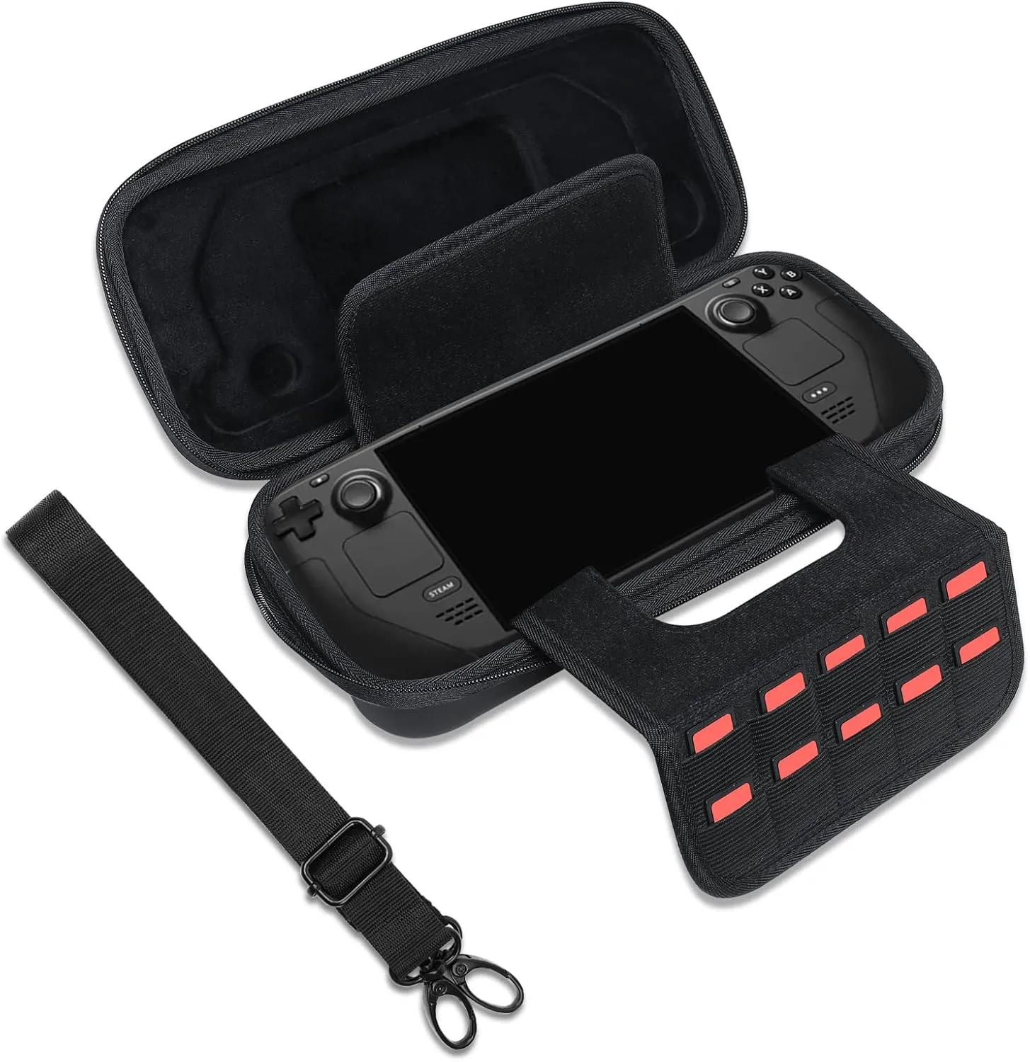 MOSISO Carrying Case Compatible with Steam Deck & Charger AC Adapter and Other Accessories, Waterproof Shockproof Protective Storage Bag with 10 Games SD Cartridges & Shoulder Strap, Black