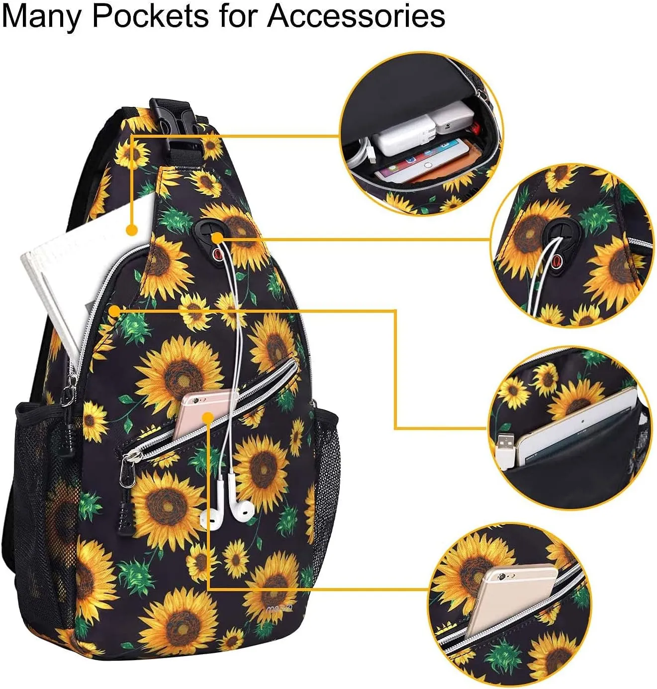 MOSISO Sling Backpack,Travel Hiking Daypack Sunflower Rope Crossbody Shoulder Bag