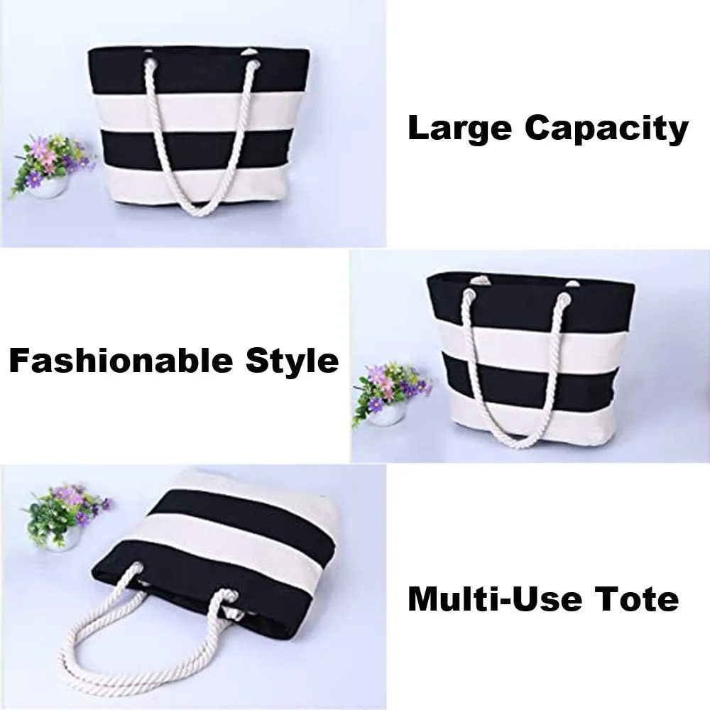 Muka Women Striped Canvas Tote Shoulder Beach Bag with Inner Zipper Pocket and Rope Handle for Travel, Shopping