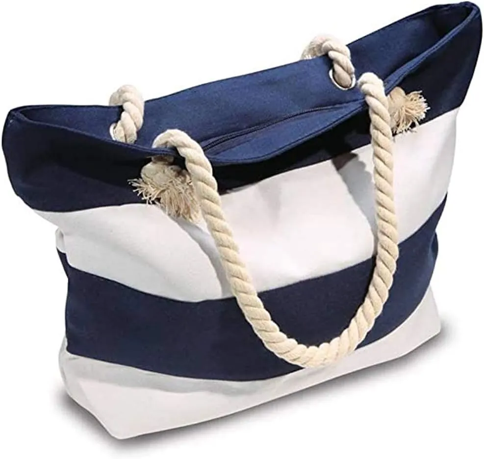 Muka Women Striped Canvas Tote Shoulder Beach Bag with Inner Zipper Pocket and Rope Handle for Travel, Shopping
