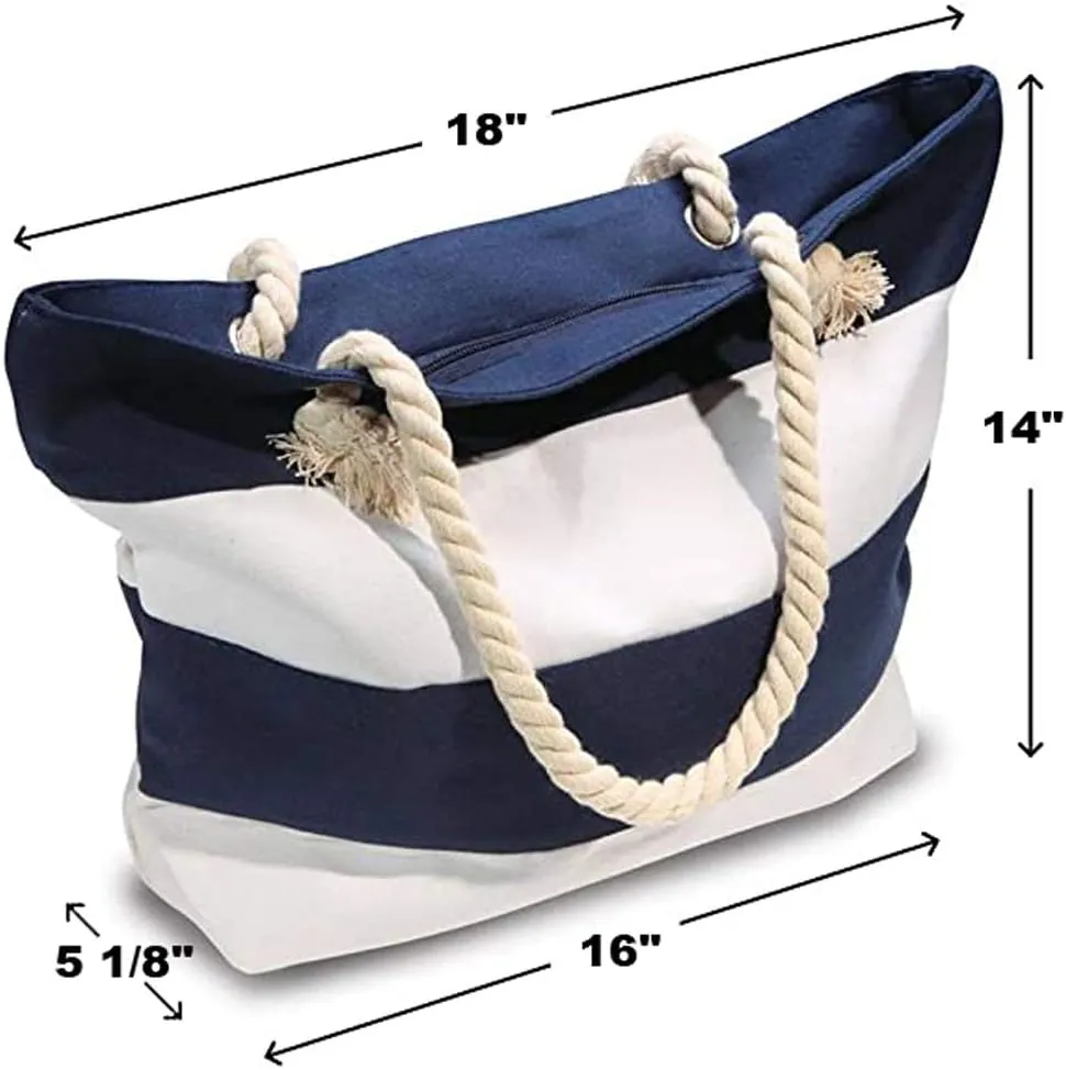 Muka Women Striped Canvas Tote Shoulder Beach Bag with Inner Zipper Pocket and Rope Handle for Travel, Shopping