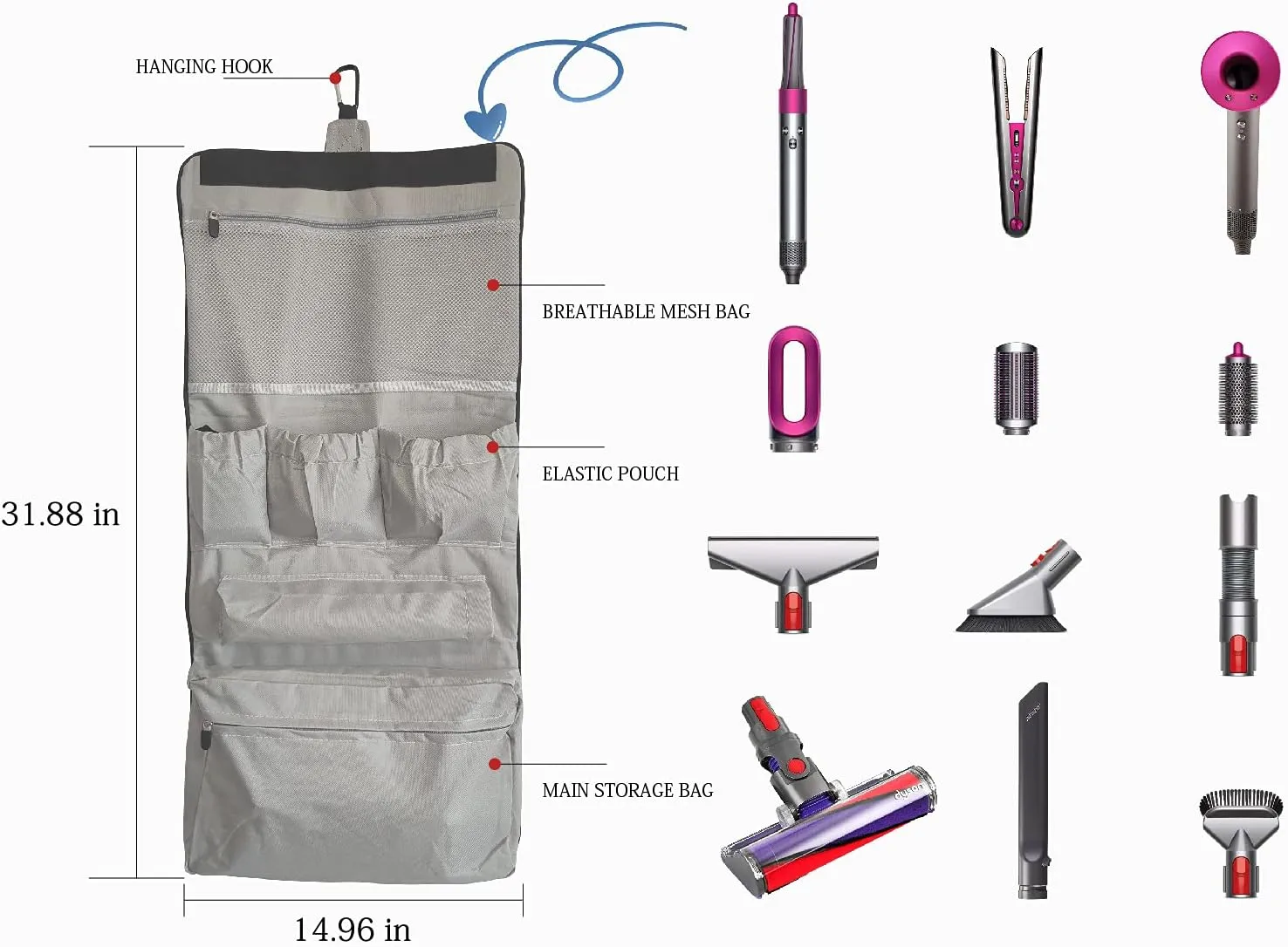 Multi Purpose Vacuum Cleaner Accessories Storage Bag, Black, Pouch, Unisex, Zipper Closure, Clip Handle, Shoulder Strap, 15x15.94x5 inches, 498.951 grams