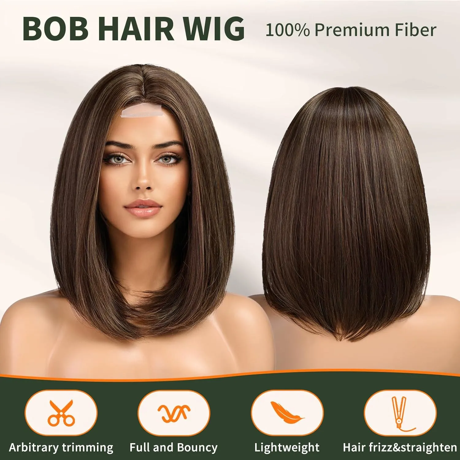 Natural Brown Highlight Short Bob Wigs,Brown Straight Shoulder Length Wigs for Women,Middle Part Heat Resistant Fibre Synthetic Wig Daily Use…