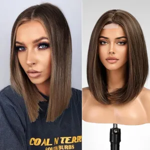 Natural Brown Highlight Short Bob Wigs,Brown Straight Shoulder Length Wigs for Women,Middle Part Heat Resistant Fibre Synthetic Wig Daily Use…