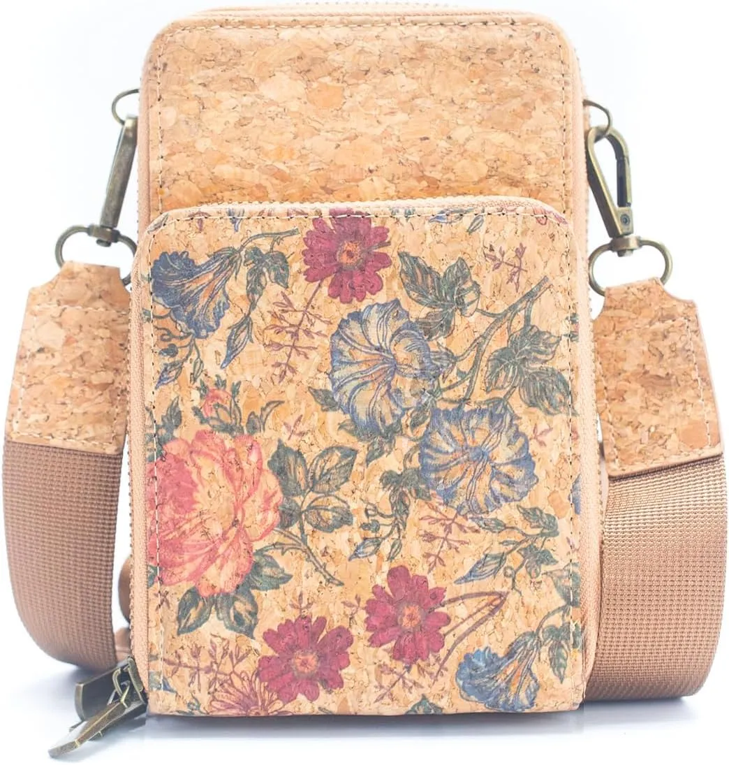 Natural Cork Women's Crossbody Phone Bag with Triple Zipper