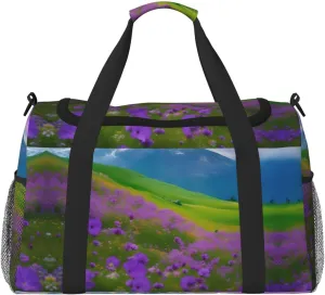 Nature Purple Flowers Meadow Mountain Scenic Travel Tote Bag â€“ Large Reusable Shopping Bag, Vacation Tote, Sports Duffel Bag with Adjustable Crossbody Strap