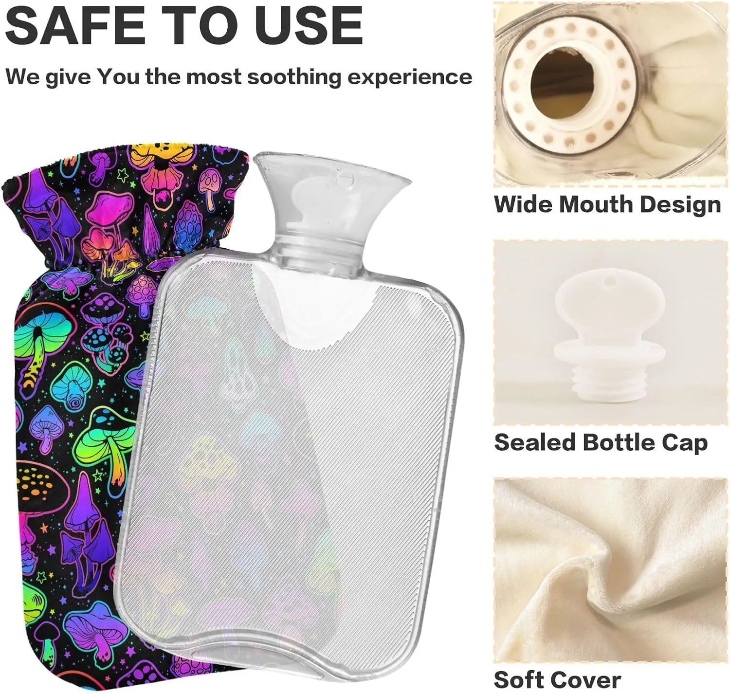 Neon Color Hippie Mushroom Hot Water Bottle with Cover, 2Liter Soft Velvet Winter Warm Water Bag for Neck and Shoulder Pain Relief Period Cramps Bed Hand Feet Warmer