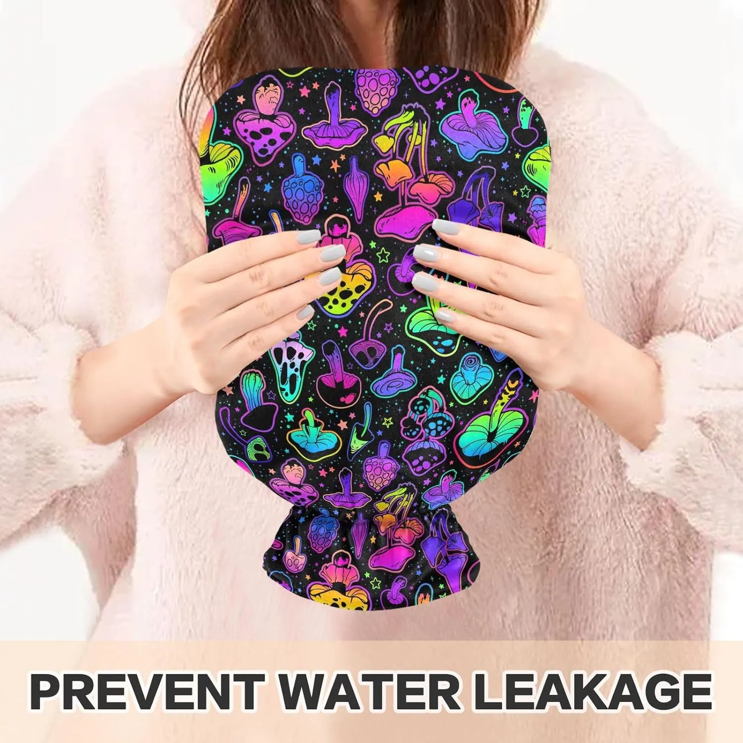 Neon Color Hippie Mushroom Hot Water Bottle with Cover, 2Liter Soft Velvet Winter Warm Water Bag for Neck and Shoulder Pain Relief Period Cramps Bed Hand Feet Warmer
