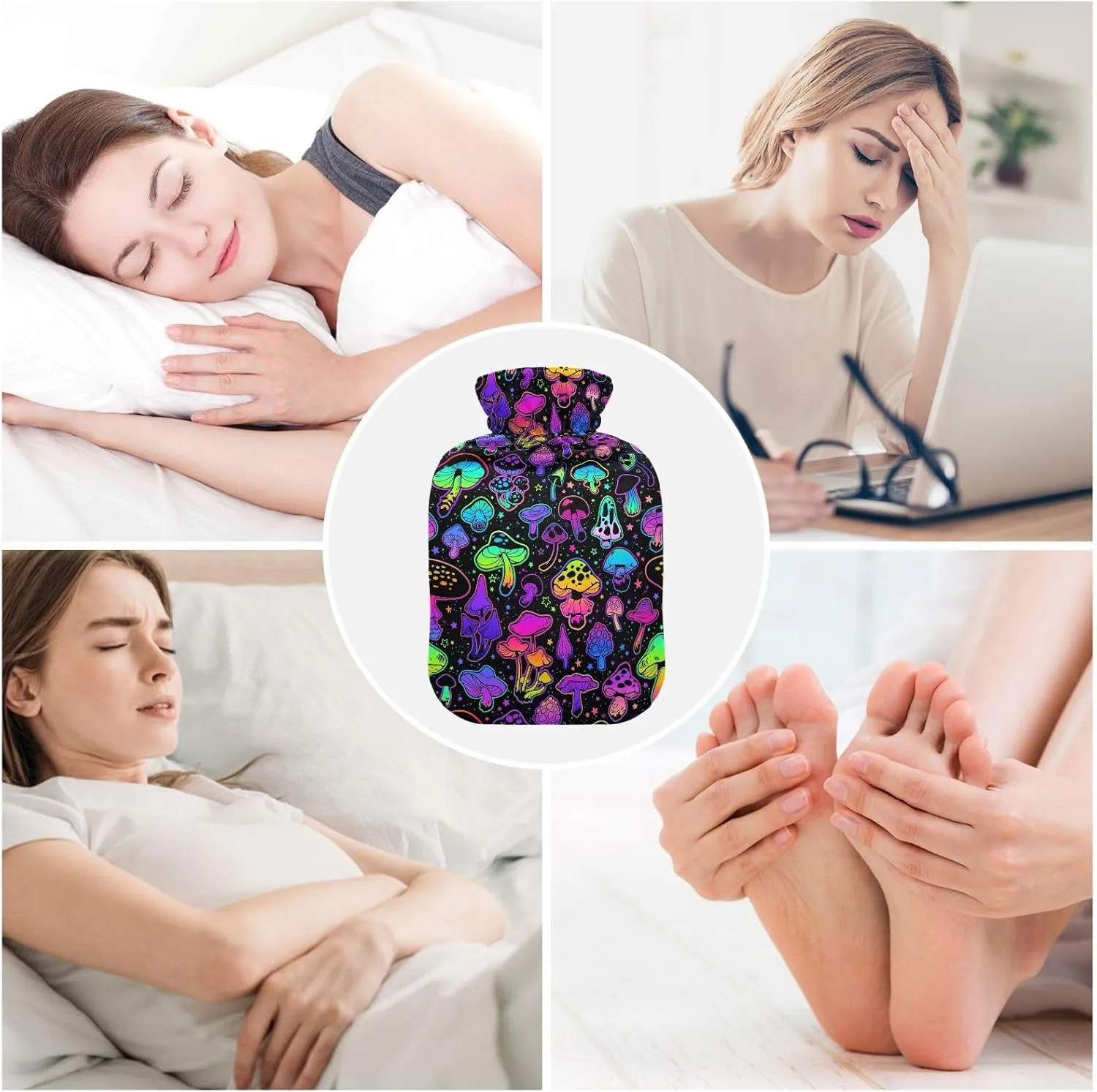 Neon Color Hippie Mushroom Hot Water Bottle with Cover, 2Liter Soft Velvet Winter Warm Water Bag for Neck and Shoulder Pain Relief Period Cramps Bed Hand Feet Warmer