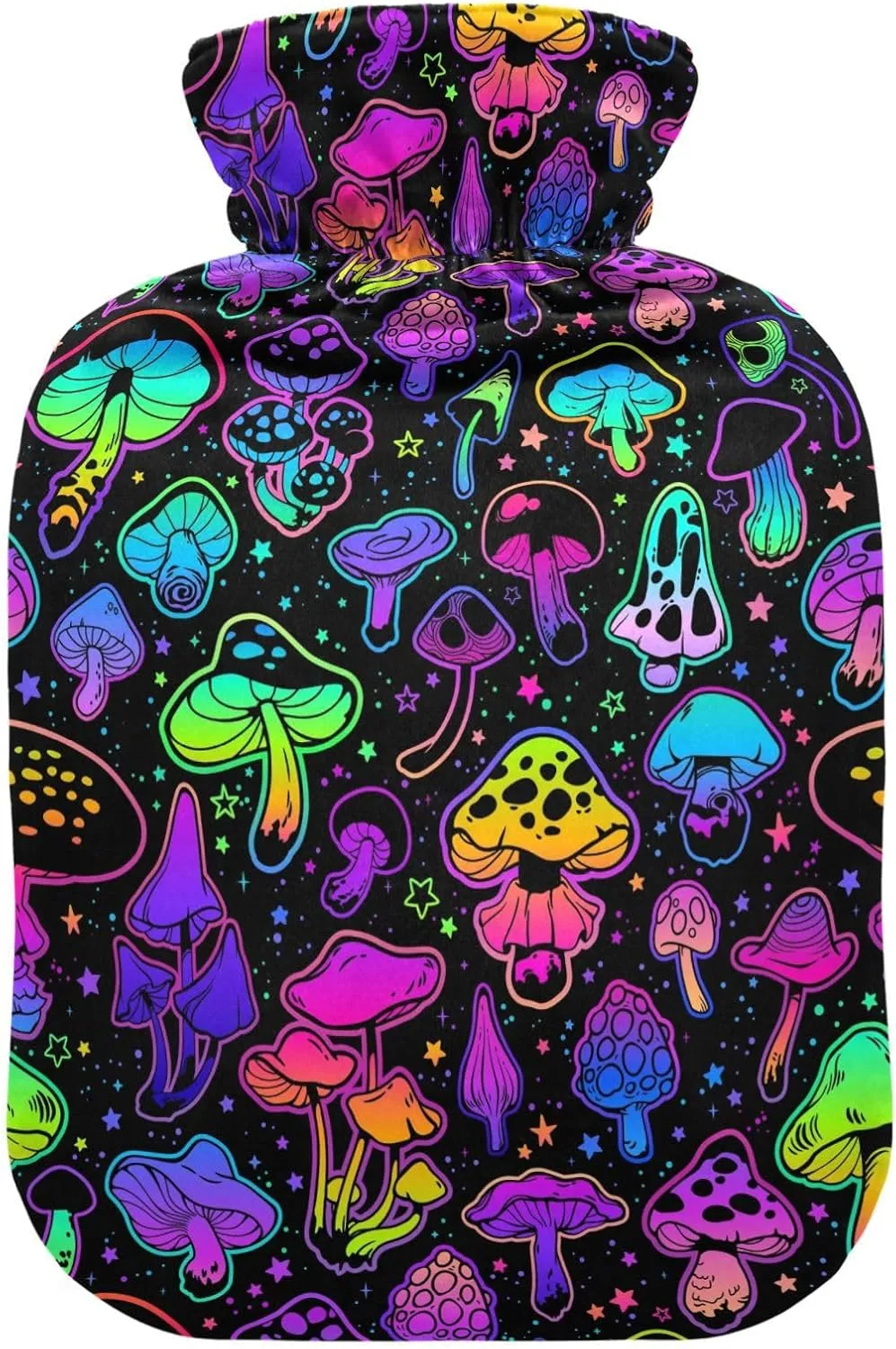 Neon Color Hippie Mushroom Hot Water Bottle with Cover, 2Liter Soft Velvet Winter Warm Water Bag for Neck and Shoulder Pain Relief Period Cramps Bed Hand Feet Warmer