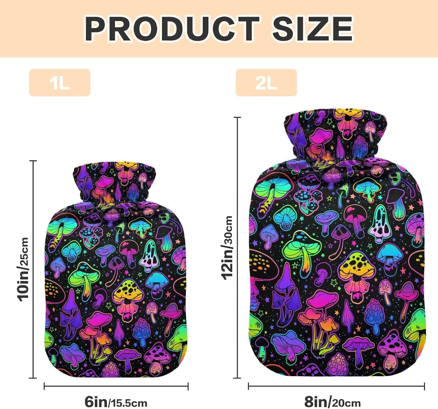 Neon Color Hippie Mushroom Hot Water Bottle with Cover, 2Liter Soft Velvet Winter Warm Water Bag for Neck and Shoulder Pain Relief Period Cramps Bed Hand Feet Warmer