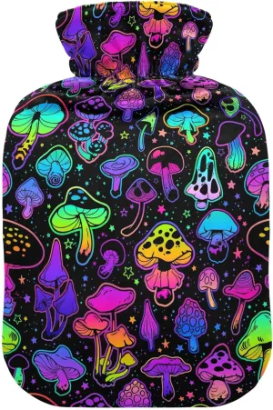 Neon Color Hippie Mushroom Hot Water Bottle with Cover, 2Liter Soft Velvet Winter Warm Water Bag for Neck and Shoulder Pain Relief Period Cramps Bed Hand Feet Warmer